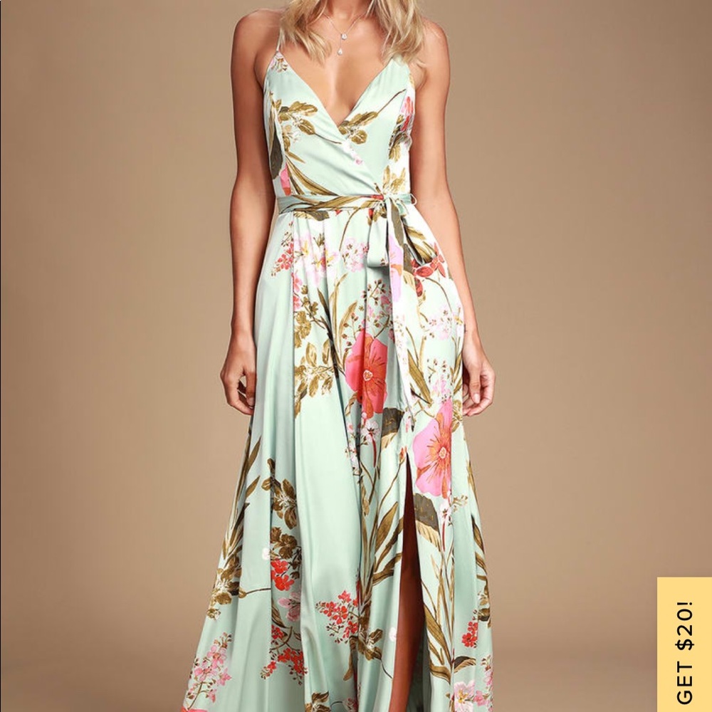 Still the one, sage green floral print satin maxi dress